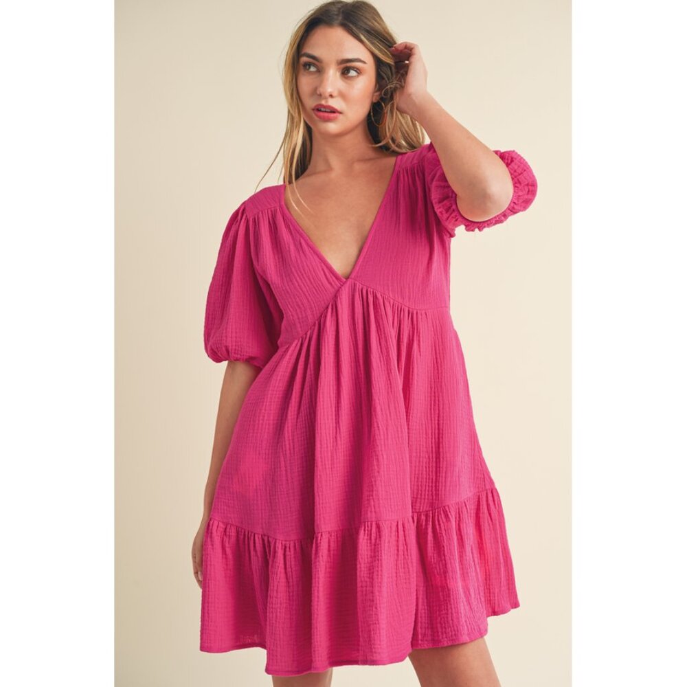 Aemi+Co Sz. L New Tied Back Ruffled Short Sleeve Mini Dress in Magenta Girlies